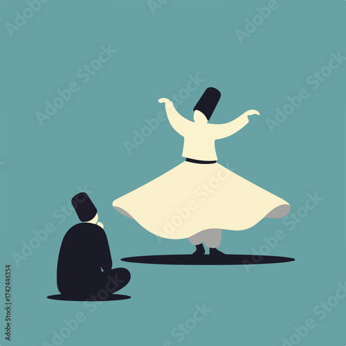 One dancer spins while another sits watching in a minimalist, two-person scene