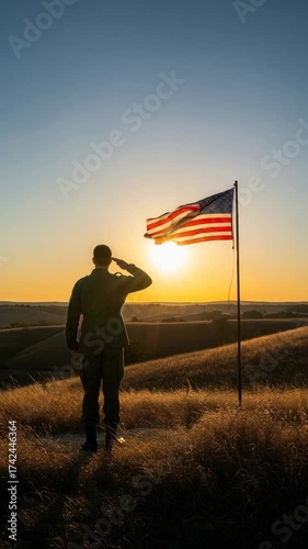 Silhouette of a man in formal attire saluting the American flag at sunset, with a serene landscape and golden light creating a reflective atmosphere for remembrance day