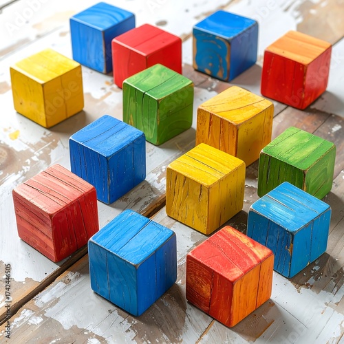 Colorful wooden blocks arranged on a weathered surface