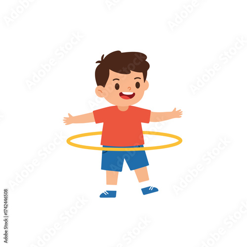 A smiling boy playfully spins a hula hoop around his waist