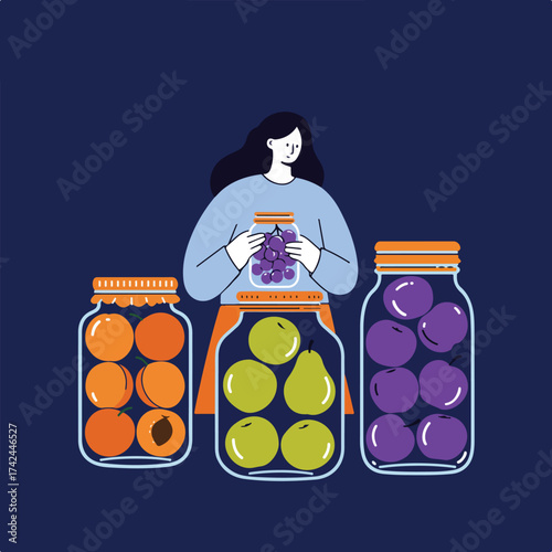 Person preserves fruits in jars, including apricots, pears, plums, and grapes