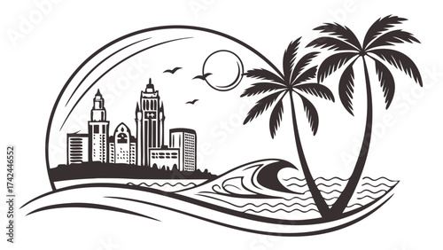 San diego skyline with palm trees, ocean waves, and sun. Perfect for travel brochures, tourism websites, and promotional materials.