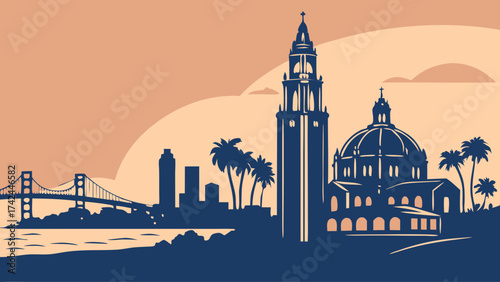 San diego skyline featuring san franciscos iconic bridge, buildings, and palm trees. Perfect for travel websites, brochures, and cityscape promotions.