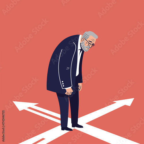 Elderly man with beard and glasses on crossroads, looking down in thought