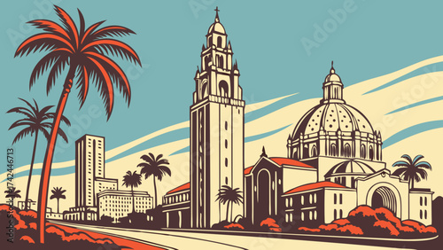 San diego skyline and balboa parks beauty frame the city vista in sunny california. Perfect for travel brochures and websites.