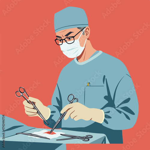 Surgeon in mask & cap performing operation with sterile instruments on red background