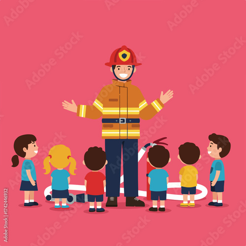 A firefighter teaches children about safety with a hose and extinguisher nearby