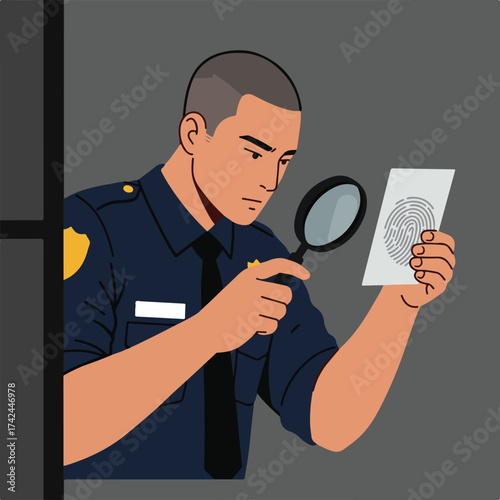 A law enforcement officer examines a fingerprint with a magnifying glass