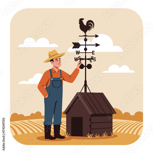 Farmer checks weather vane atop small shed in cultivated field under cloudy sky