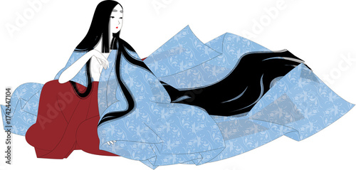 日本の伝統民族衣装。薄衣の袿姿の女性のイラスト。