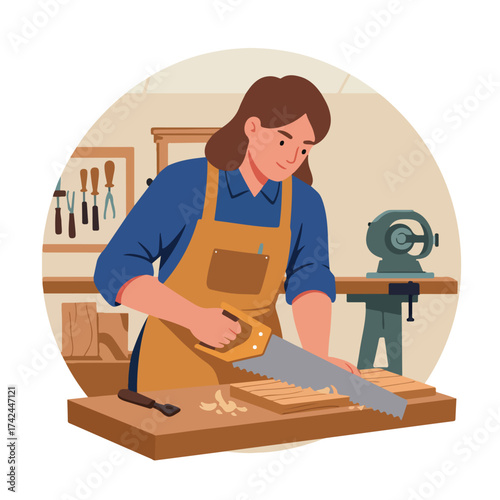 Person in apron sawing wood planks on workbench in workshop