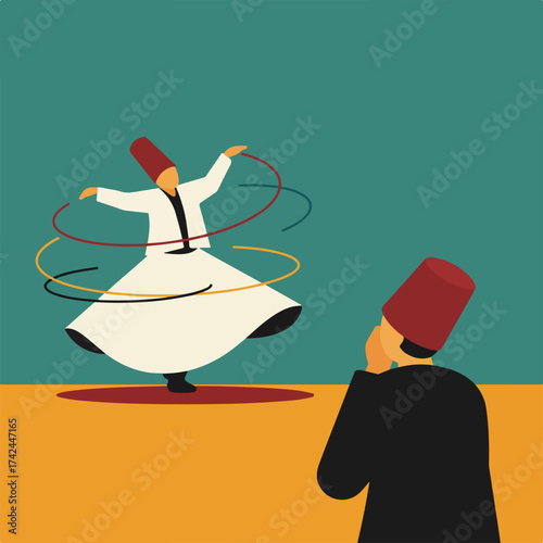 Dervishes in ritual dance, flowing robes, spiritual motion, vibrant colors
