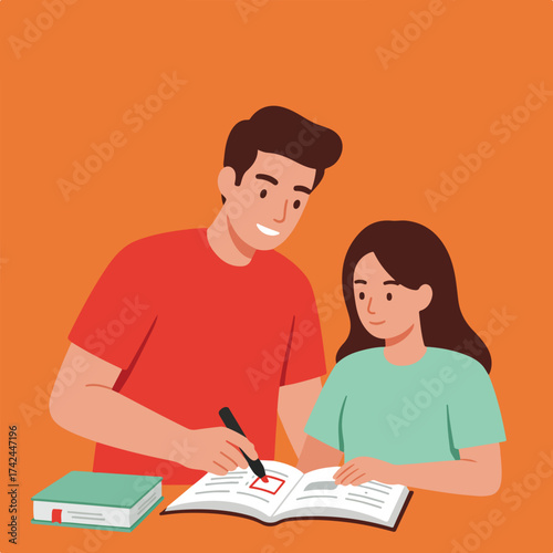A smiling person helps another person study at a desk with books