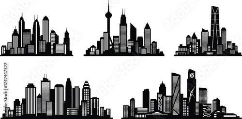Modern city skyline silhouettes collection, urban architecture landscape, black and white skyscraper buildings illustration, metropolitan city design, downtown skyline vector