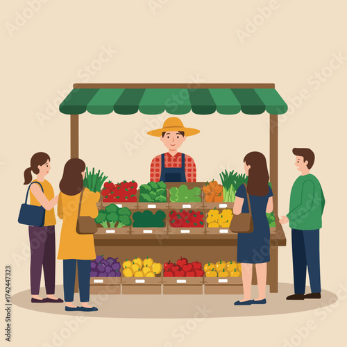 A colorful market stall is tended by a vendor, with customers browsing fresh produce
