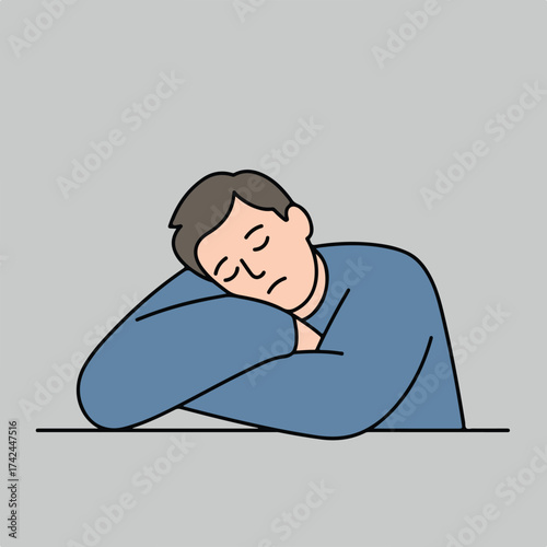 Stylized cartoon man rests head on arms, asleep on a flat surface