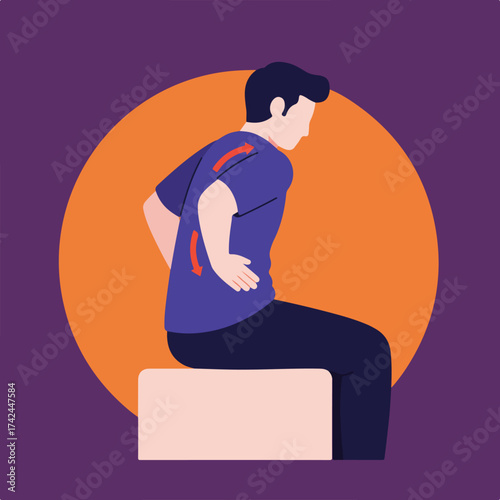 Person sitting with back pain, illustrated with arrows showing discomfort