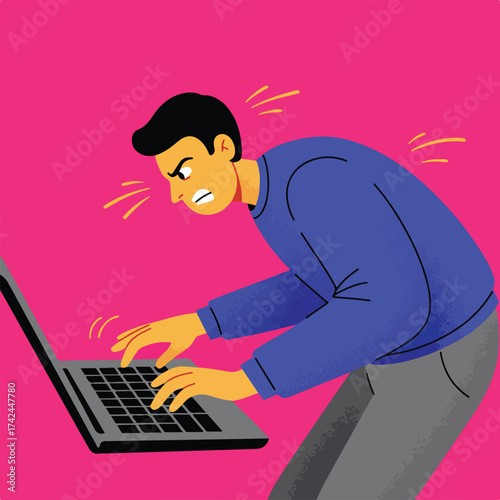 A frustrated person with an angry expression glares at a laptop