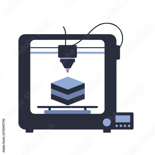 Flat illustration of a 3D printer creating a layered cube