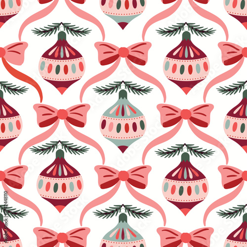 Christmas seamless pattern, Coquette wallpaper with Christmas balls and bows in retro style, charming background for holiday