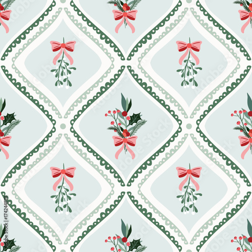 Christmas coquette seamless pattern, Victorian wallpaper with frames floral bouquet and bows, retro style background