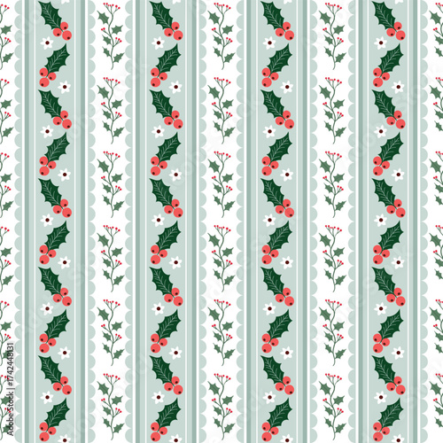 Christmas seamless pattern with holly leaves and berries, vertical striped wallpaper, seasonal winter background