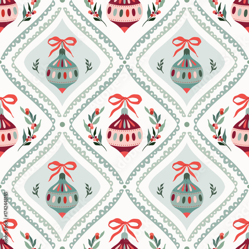 Christmas coquette seamless pattern, Victorian wallpaper with Christmas balls and bows, retro style background