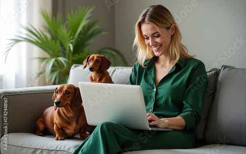 One blond woman wearing green outfit sitting on the couch working on the laptop and two Dachshund dogs. High quality