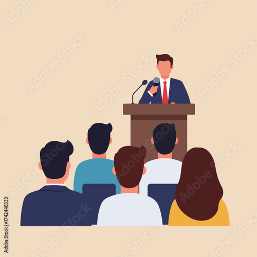 Speaker addresses audience from behind a podium with microphones