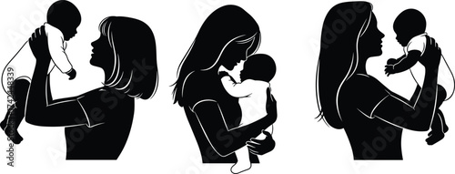 Mother holding baby silhouette, woman lifting infant, maternal bonding, parenting love, emotional care, black vector art, motherhood icon, nurturing pose