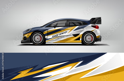 Vector car wrap livery design in blue and yellow editable EPS racing graphic for sedan or hatchback vehicle