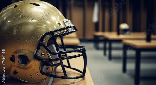 Closeup of a golden american football helmet in a locker room, ready for the next game, highlighting preparation and focus