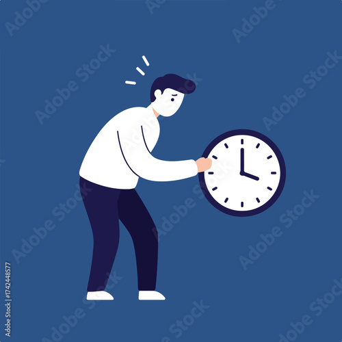 Concerned person in mask adjusting a clock with anxious lines above head