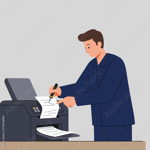 A man operates a printer, holding a pen to paper