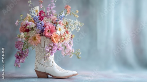 Creative photo of a cowgirl boot used as a vase with a bouquet of pastel wildflowers against a soft background. Ideal for decor, design, fashion, or country lifestyle concepts.