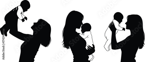 Mother lifting baby silhouette, woman holding infant, maternal love, family bonding, motherhood icon, nurturing pose, emotional connection, black vector art