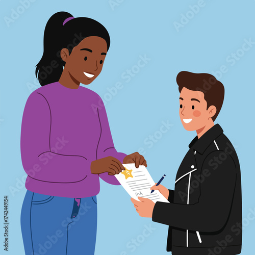 smiling person signing document, recipient holds paper with star