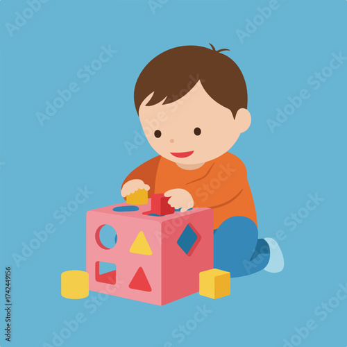 A young child plays with a colorful shape-sorting toy cube