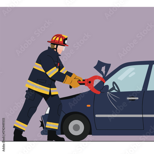 Firefighter using rescue cutters to access vehicle