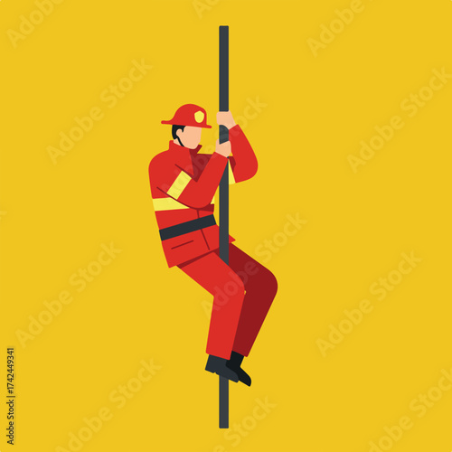 Flat illustration of a person in firefighter gear sliding down a pole