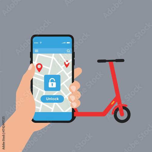 Hand holding phone displaying map with unlock scooter prompt, red scooter nearby