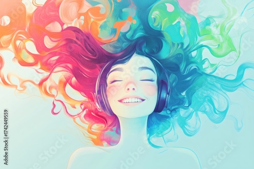 Smiling woman listening to headphones, vibrant abstract hair flowing around her, representing artistic expression and joy