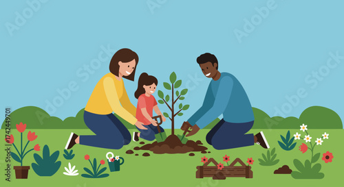 A family plants a tree together in a garden setting, with flowers, grass, and a clear blue sky in the background.
