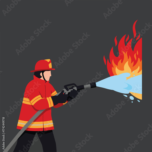 Firefighter in protective gear douses flames with a water hose