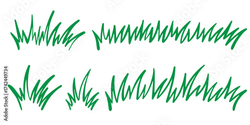 Cartoon grass and bushes. Vector doodle outline meadow illustration. Green simple hand-drawn plants isolated on white background. Sketch of nature lawn