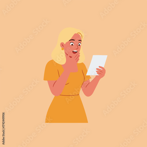 Young woman in yellow dress reacts with surprise to a piece of paper