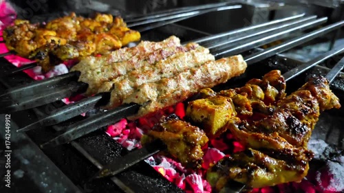 Chicken Tikka Boti Grilling on Traditional Barbecue, Delicious Pakistani Food Cuisine 4K Footage, Street Food and Outdoor Cooking