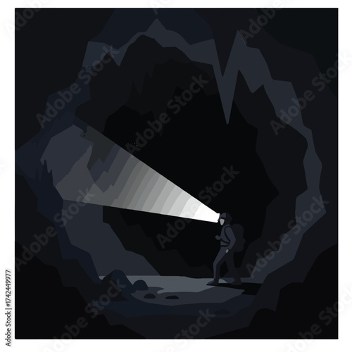Explorer shines light into dark cave interior