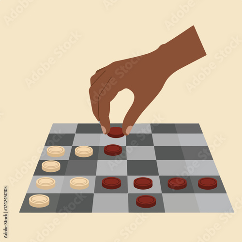 Hand moving a red checker piece on a checkered board