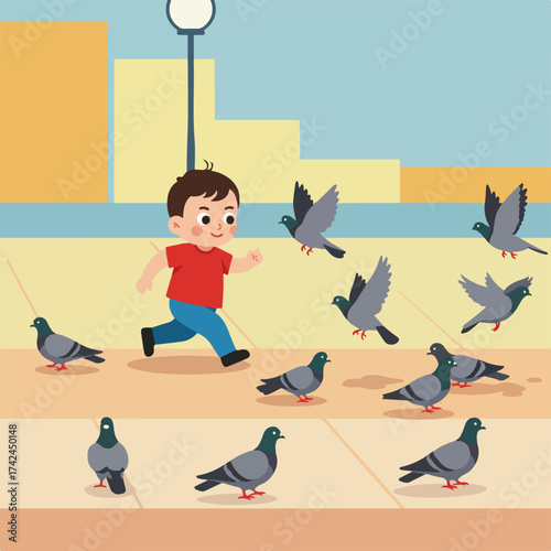 A child playfully runs toward pigeons gathered on a paved sidewalk